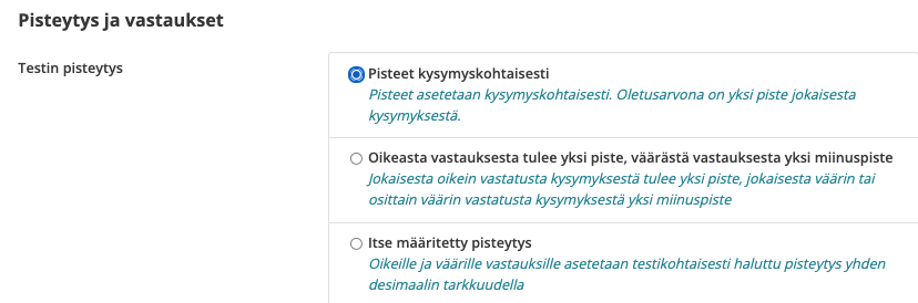 points per question setting view