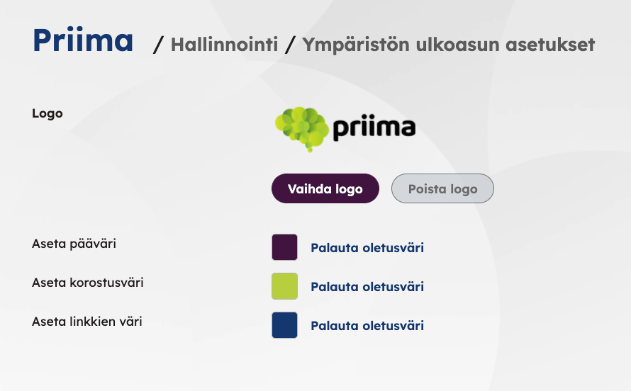 ympäristön ulkoasun asetusten näkymä