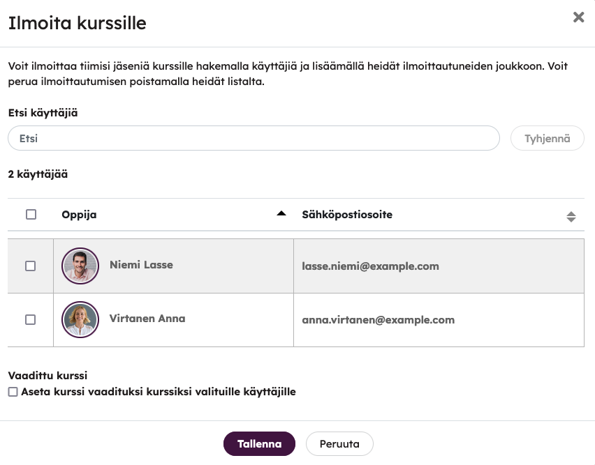 Esimerkkinäkymä ikkunasta, jossa esihenkilö voi valita kurssille ilmoittamisen asetukset ja kenet ilmoittaa kurssille