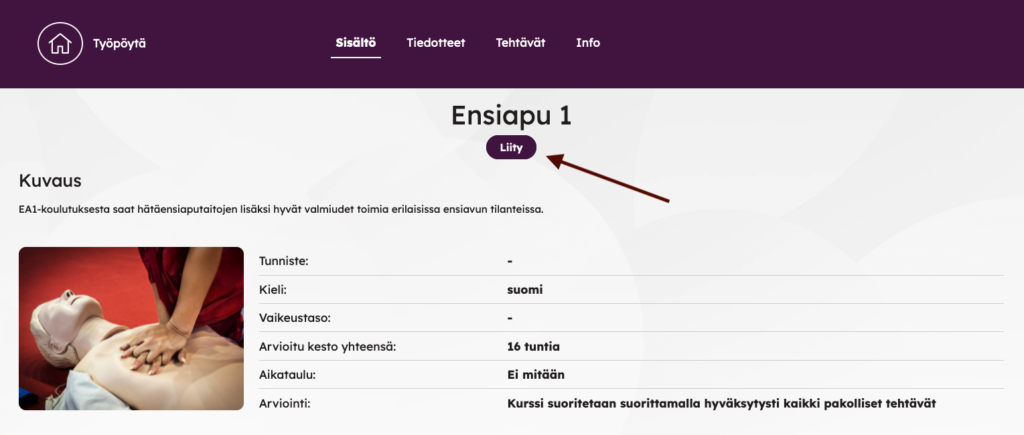 Esimerkki kurssin tietonäkymästä ja Liity-painikkeesta