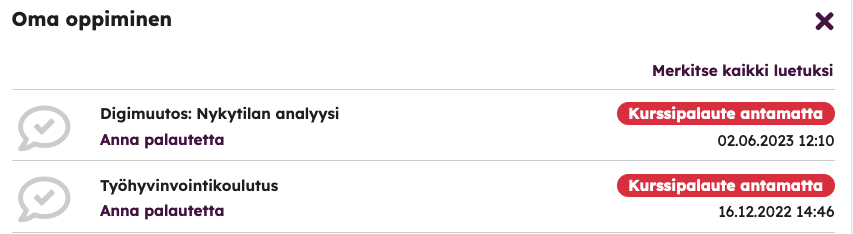esimerkkinäkymä oma oppiminen -näkymästä jossa kurssipalaute antamatta -ilmoitus näkyvissä