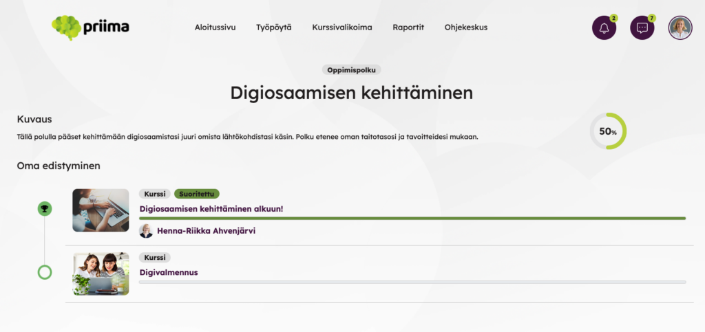 learning path view after the selection