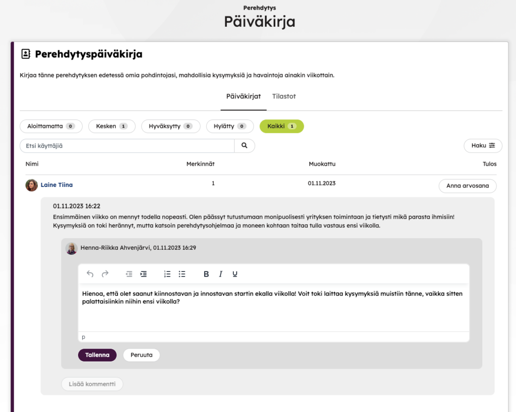 Esimerkki päiväkirjanäkymästä, jossa kouluttaja kommentoi oppijan päiväkirjamerkintää.