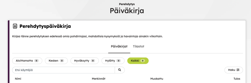 Esimerkkinäkymä kouluttajan / tarkastajan näkymästä päiväkirjatehtävään