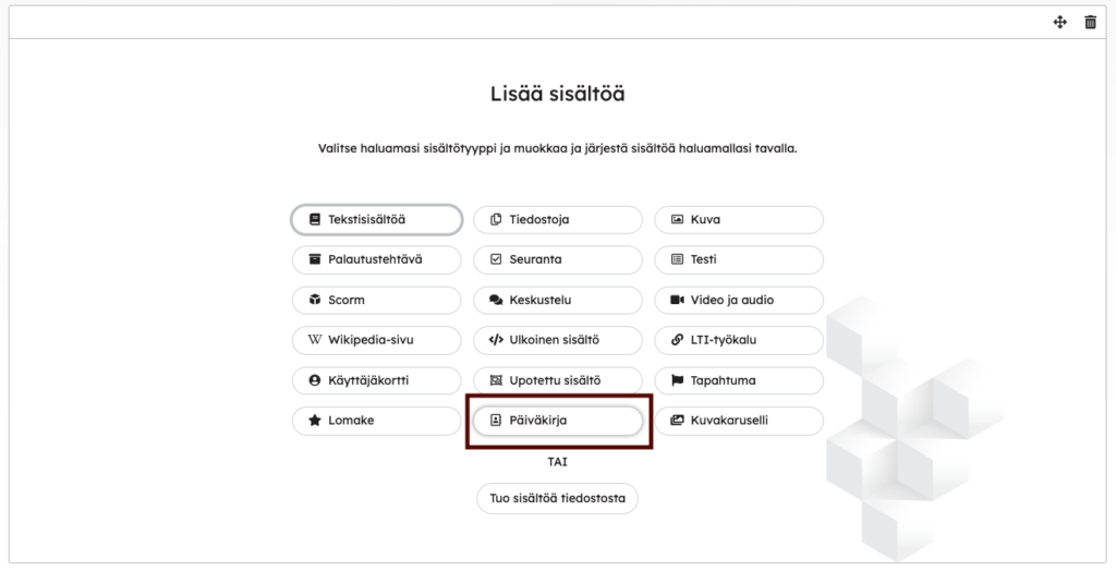 Kurssin sisältöeditorinäkymä, jossa on Päiväkirja-lohko korostettuna.