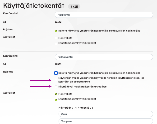 selections of user data fields, with which the user can edit the data through the profile