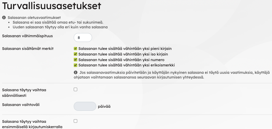 Kuvassa näkyy Turvallisuusasetukset-toiminto ja erilaiset valinnat, jotka siinä voi tehdä.