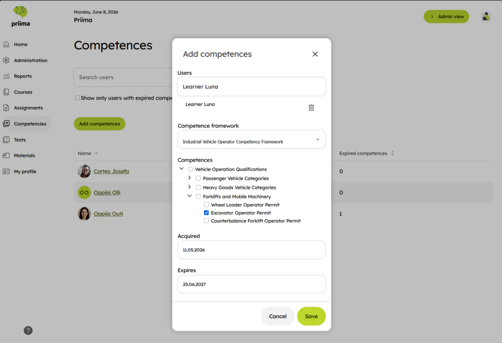 Granting competencies manually