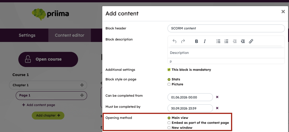 Recommendation for displaying SCORM content on a course