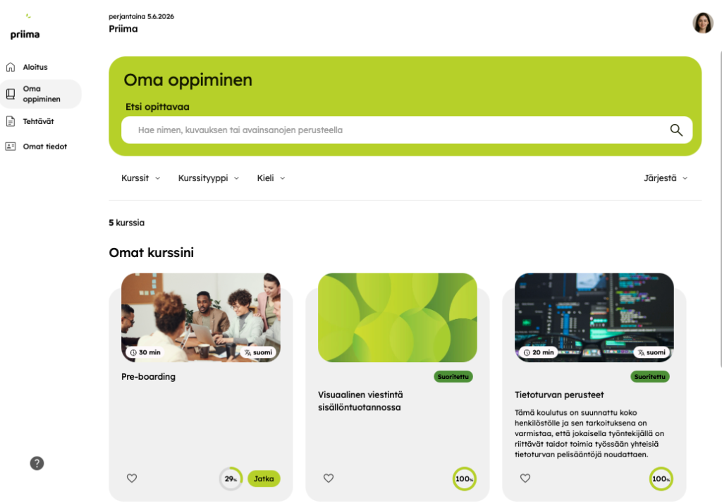 Kuvassa Oma oppiminen -näkymä, jossa voi etsiä opittavaa hakusanoilla sekä suodattimien avulla ja selata omia kursseja.