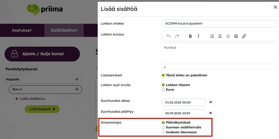 Kuvassa on esimerkkis scorm-lohkon asetuksista ja korostettuna avaamistapa-kohdan valintavaihtoehdot.