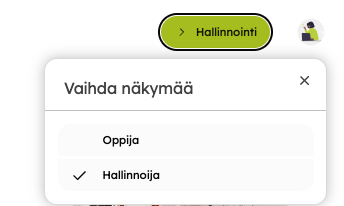 Kuva roolinvaihtovalitsimesta, jossa käyttäjä voi vaihtaa oppija- ja hallinnoija-roolien välillä.